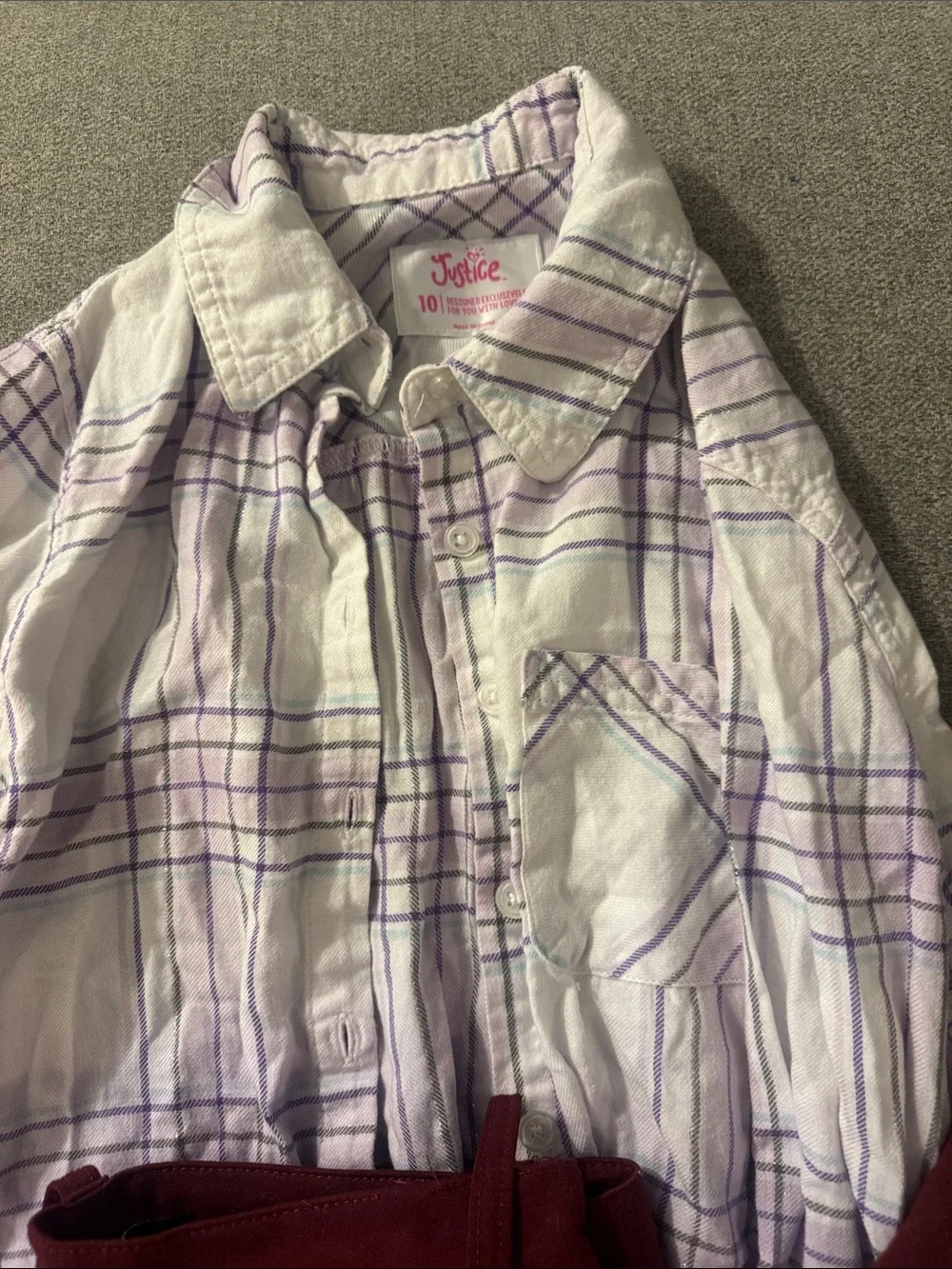 5/$15- Girls' Purple Plaid Button-Up Shirt with Burgundy Rhinestone Jeans